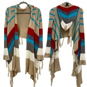 Wet Seal Sz Medium Striped Hooded Fringe Cropped Cardigan Duster Y2K Knit